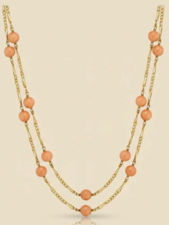 Coral and 18KT Gold Jewelry - 18K Coral Yellow Gold Very Fine Quality Necklace Measuring 15" in length